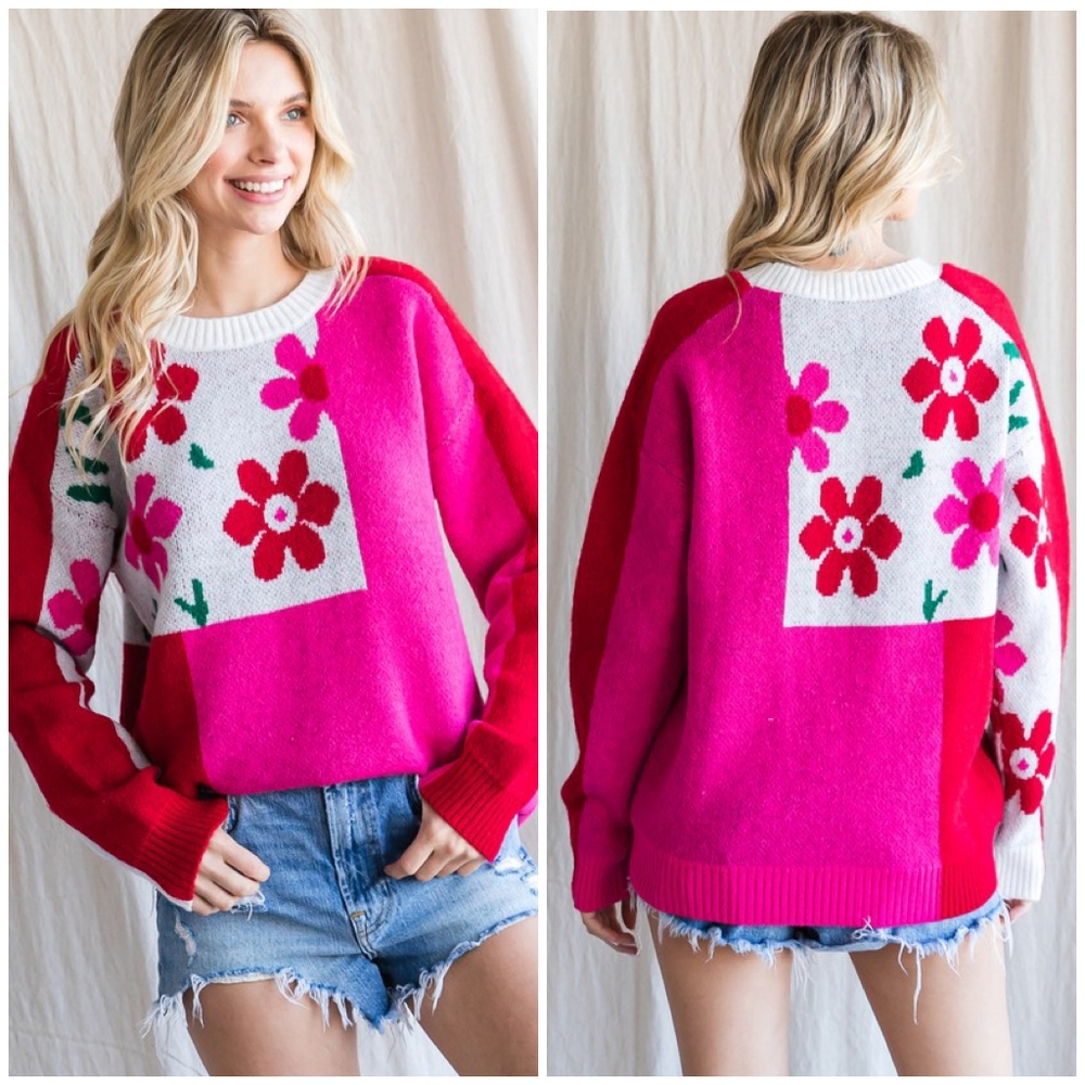JODIFL Hot Pink Floral Relaxed Fit Sweater Top